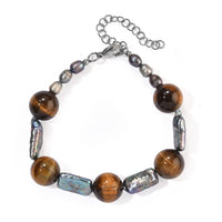 EverTrue Tiger's Eye 70.00 ctw and Peacock Pearl (D) Bracelet in Stainless Steel (7.25-9.25In)