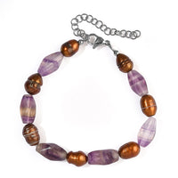 EverTrue Brown Pearl (D) and Blue Fluorite 40.00 ctw Bracelet in Stainless Steel (7.25-9.25In)
