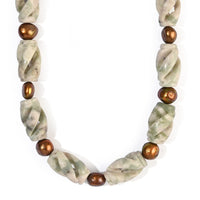 EverTrue Green Kiwi Jasper 345.00 ctw and Brown Pearl (D) Necklace (18-19 Inches) in Platinum Bond
