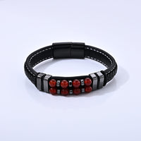 Red Agate 30.00 ctw Leather Beaded Bracelet in ION Plated Black Stainless Steel (8.50 In)