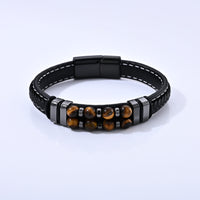 Yellow Tigers Eye 30.00 ctw Leather Beaded Bracelet in ION Plated Black Stainless Steel (8.50 In)