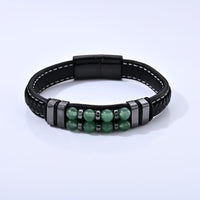 Green Aventurine 30.00 ctw Leather Beaded Bracelet in ION Plated Black Stainless Steel (8.50 In)