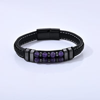 African Amethyst 30.00 ctw Leather Beaded Bracelet in ION Plated Black Stainless Steel (8.50 In)