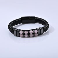 Rose Quartz 30.00 ctw Leather Beaded Bracelet in ION Plated Black Stainless Steel (8.50 In)
