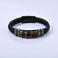 Unakite 30.00 ctw Leather Beaded Bracelet in ION Plated Black Stainless Steel (8.50 In)