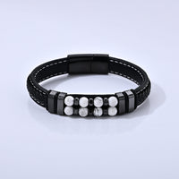 White Howlite 30.00 ctw Leather Beaded Bracelet in ION Plated Black Stainless Steel (8.50 In)