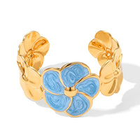 Blue Enameled Flower Cuff Bracelet in ION Plated YG Stainless Steel (6.5-7.5In)