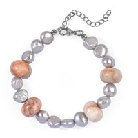 EverTrue Pink Web Jasper, Grey Pearl Beaded Bracelet in Stainless Steel (7.25 In) 50.00 ctw
