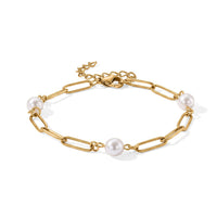 White Shell Pearl Bracelet in ION Plated YG Stainless Steel (7.50-9.50In)