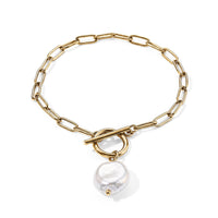 White Shell Pearl Bracelet in ION PlatedYG Stainless Steel (7.50-9.50In)