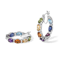 D''Joy Premium Multi Gemstone 7.60 ctw Out Hoop Earrings in Rhodium Over Sterling Silver
