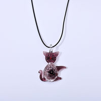 Green Color Murano Style Cat Pendant with Cotton Cord Necklace in Silvertone (22-24 Inches)