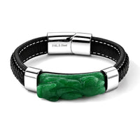 Green Jade Beaded Pixiu Bracelet in Stainless Steel (7.50 In) 90.00 ctw