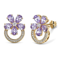Simulated White and Pink Diamond Flower Earrings in Goldtone