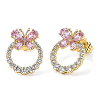 Simulated White and Pink Diamond Butterfly Earrings in Goldtone