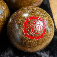 Root Chakra Symbol Engraved Bronzite Sphere 1400ctw (Ships in 8-10 Business Days)