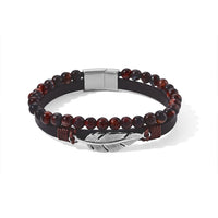 Red Tiger Eye Beaded Genuine Leather Bracelet with Feather Charm in Stainless Steel (8.00 In) 12.00 ctw