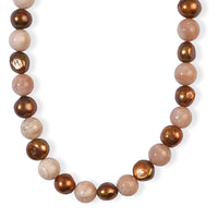 EverTrue Peach Moonstone and Metallic Brown Pearl (D) 190.00 ctw Necklace in Platinum Bond 18 Inches