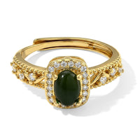 Green Jade and Simulated Diamond 8.00 ctw Ring (Adjustable) in Goldtone