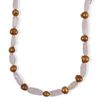 EverTrue Brown Pearl (D) and Galilea Rose Quartz 70.00 ctw Necklace (18 Inches) in Platinum Bond