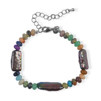 EverTrue Multi Jasper and Peacock Pearl 30.00 ctw Bracelet in Stainless Steel (7.25-9.25In)