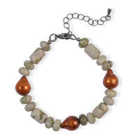 EverTrue Peace Jasper and Orange Freshwater Pearl (D) 65.00 ctw Bracelet in Stainless Steel (7.25-9.25In)