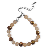 EverTrue Gold Quartz and Brown Pearl (D) 45.00 ctw Bracelet in Stainless Steel (7.25-9.25In)