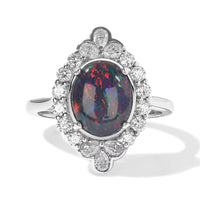 Certified and Appraised D''Joy Premium Australian Black Ridge Opal Triplet, Moissanite Ring in Rhodium Over Sterling Silver (Size 10.0) 2.50 ctw