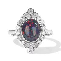Certified and Appraised D''Joy Premium Australian Black Ridge Opal Triplet, Moissanite Ring in Rhodium Over Sterling Silver (Size 10.0) 2.50 ctw