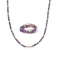 White Freshwater Pearl, African Amethyst and White Crystal Quartz 50.00 ctw Beaded Necklace in Goldtone (18-22Inches)