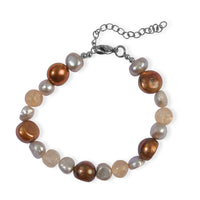 EverTrue Gold Quartz, Bronze and Grey Pearl (D) 12.00 ctw Bracelet in Stainless Steel (7.25-9.25In)