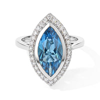 D''Joy Premium Swiss Blue Topaz, Moissanite Ring in Rhodium Over Sterling Silver (Size 10.0) 5.30 ctw