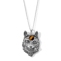 Tigers Eye 8.00 ctw Wolf Head Pendant in Silvertone with Stainless Steel Necklace 20 Inches