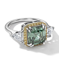 D''Joy Asscher Cut Green Moissanite 9mm and Multi Sapphire 5.40 ctw Ring in Rhodium Over Sterling Silver (Size 10.0)