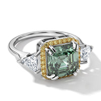 D''Joy Asscher Cut Green Moissanite 9mm and Multi Sapphire 5.40 ctw Ring in Rhodium Over Sterling Silver (Size 10.0)