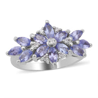 Tanzanite and Natural White Zircon Floral Ring in Platinum Over Sterling Silver (Size 9.0) 1.75 ctw