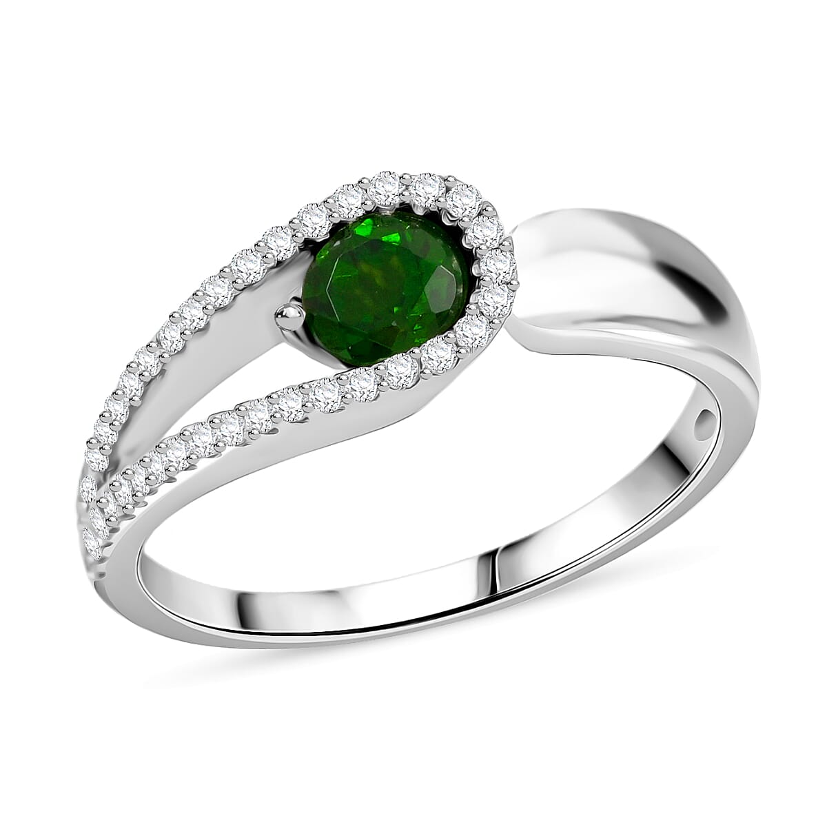 Tsavorite Garnet and Natural White Zircon Open Band Ring in Sterling Silver 1.40 ctw