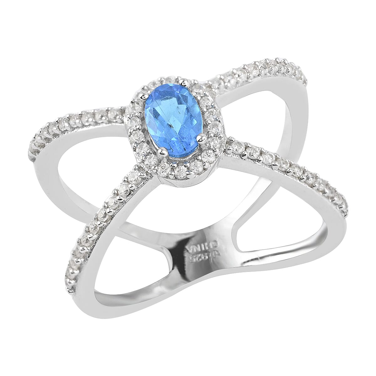 Swiss Blue Topaz and Natural White Zircon Criss Cross Ring in Sterling Silver (Size 9.0) 2.00 ctw