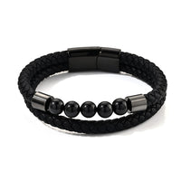 Thai Black Spinel Beaded, Braided Genuine Leather Bracelet in Stainless Steel (7.75 In)