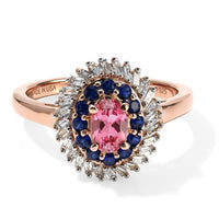 D''Joy Premium Pink Tourmaline, Blue Sapphire and Diamond (0.20 cts) Ring in 18K Vermeil RG Over Sterling Silver (Size 10.0) 0.90 ctw