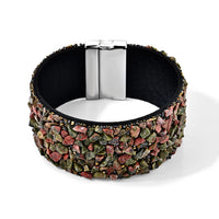 Yellow Tigers Eye 20.00 ctw and Grey Austrian Crystal Leather Bracelet in Silvertone (7.25 In)