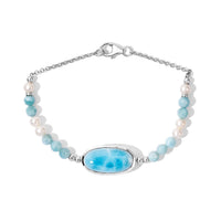D''Joy Larimar, Freshwater Pearl Bracelet in Rhodium Over Sterling Silver (6.50 In) 19.75 ctw