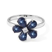 D''Joy Premium Blue Star Sapphire (DF), Moissanite The Celestial Blossom Ring in Rhodium Over Sterling Silver (Size 10.0) 3.10 ctw