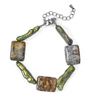 EverTrue Green Pearl (D) and Moss Agate 60.00 ctw Bracelet in Stainless Steel (7.25-9.25In)