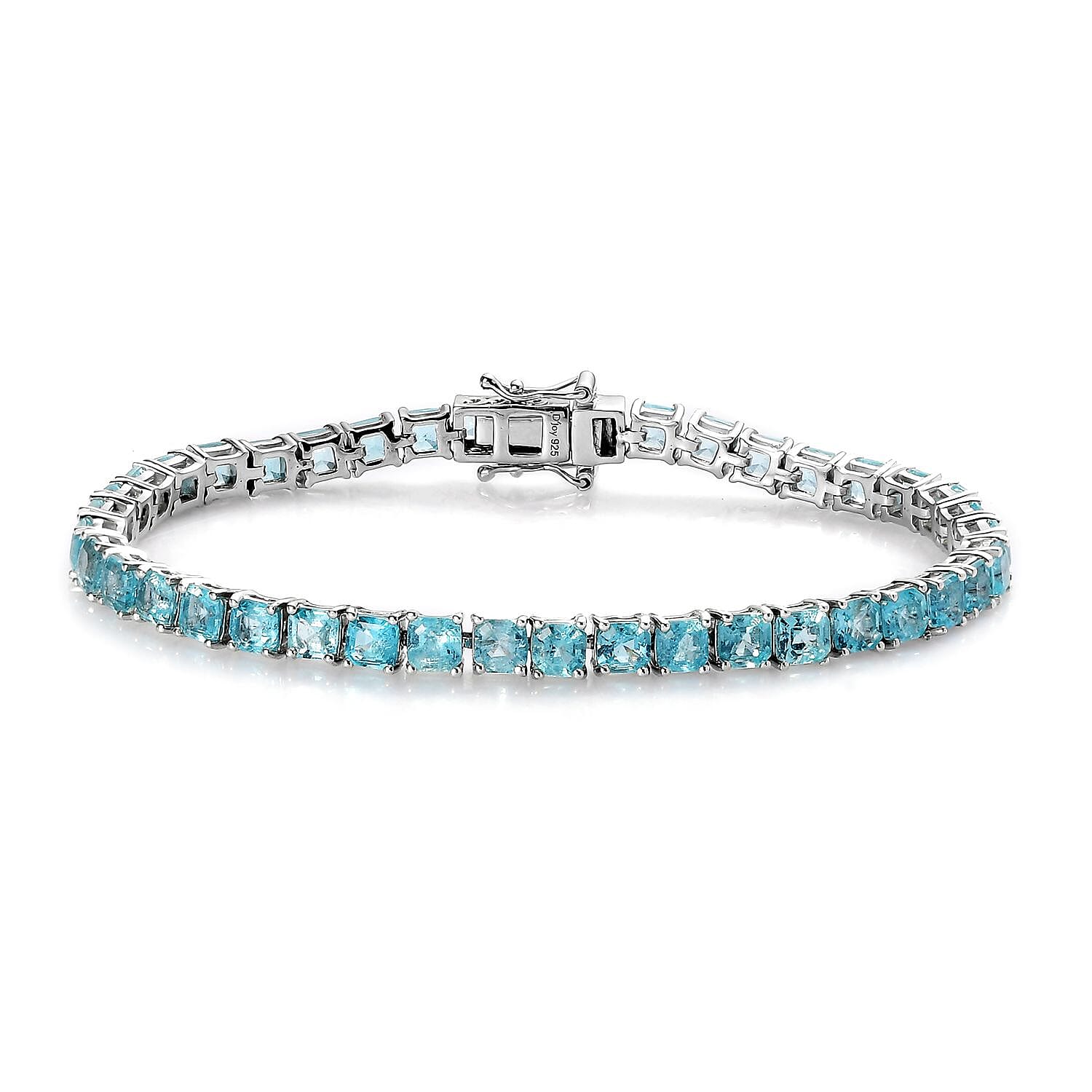 Asscher Cut Madagascar Paraiba Apatite Tennis Bracelet in Platinum Over Sterling Silver (8.00 In) 12.60 Grams 12.75 ctw