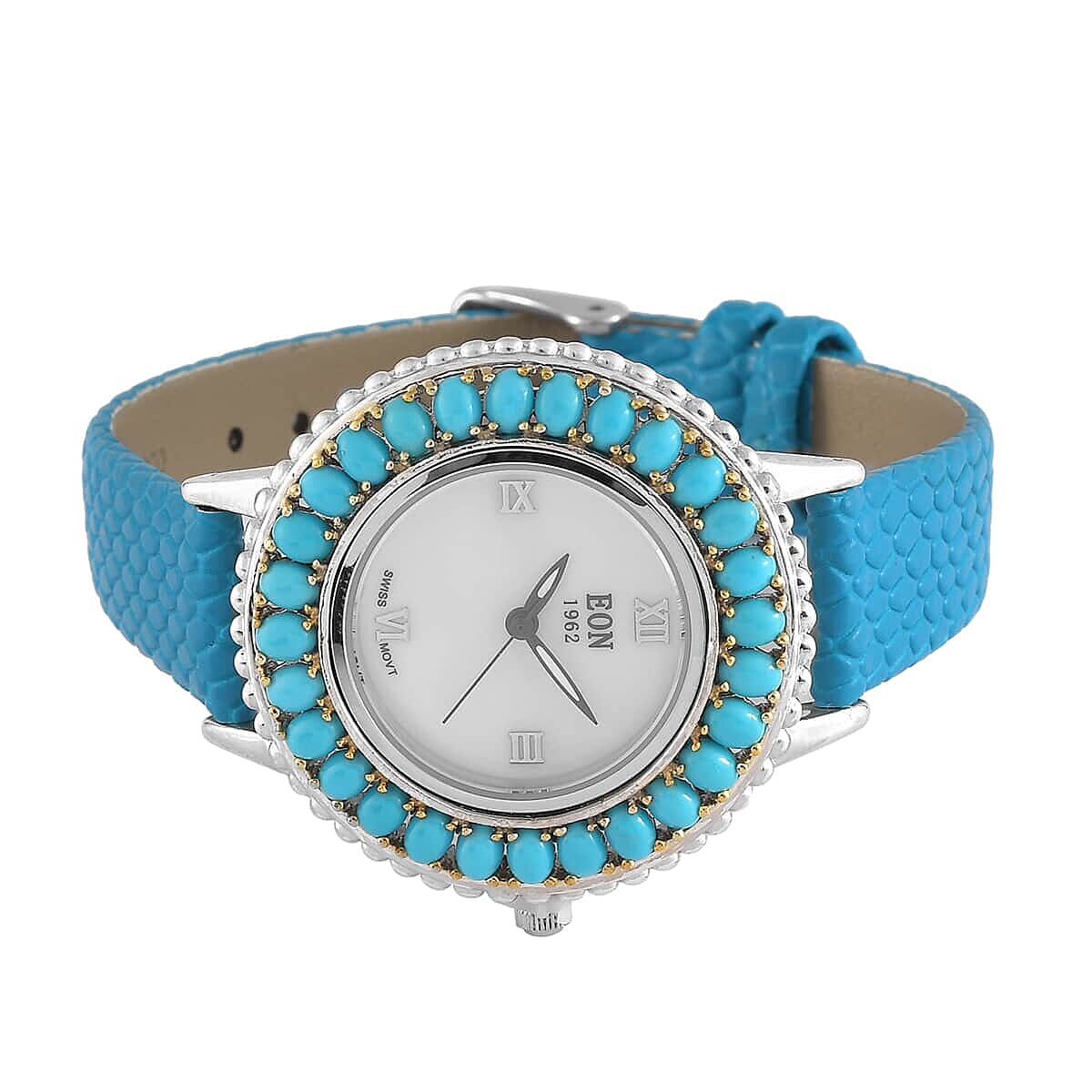 GP Eon 1962 Sleeping Beauty Turquoise Swiss Movement Watch with Blue Genuine Leather Strap in Platinum Over Sterling Silver 3.85 ctw