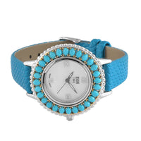 GP Eon 1962 Sleeping Beauty Turquoise Swiss Movement Watch with Blue Genuine Leather Strap in Platinum Over Sterling Silver 3.85 ctw
