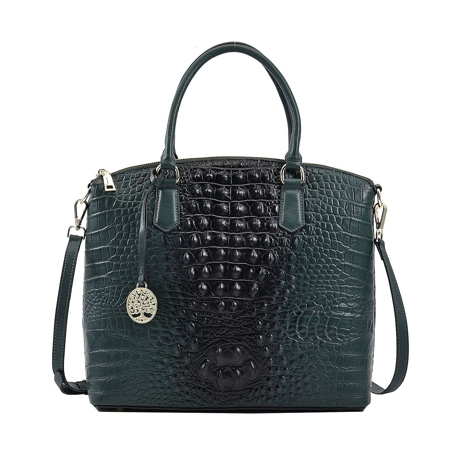 THE MONACO Dark Green with Black Croco Embossed Genuine Leather Tote Bag (12.99"x4.88"x11.6") with Handle Drop and Detachable Long Strap
