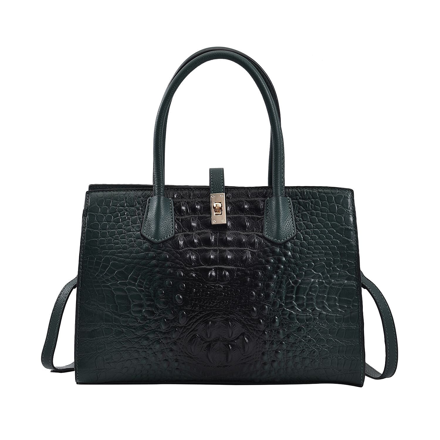 THE MONACO Dark Green with Black Genuine Leather Croc Embossed Convertible Tote Bag with Detachable Long Strap (12.60''x3.74''x9.06'')