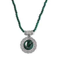 African Malachite Pendant with Green Quartzite Beaded Necklace 20 Inches in Stainless Steel 66.50 ctw